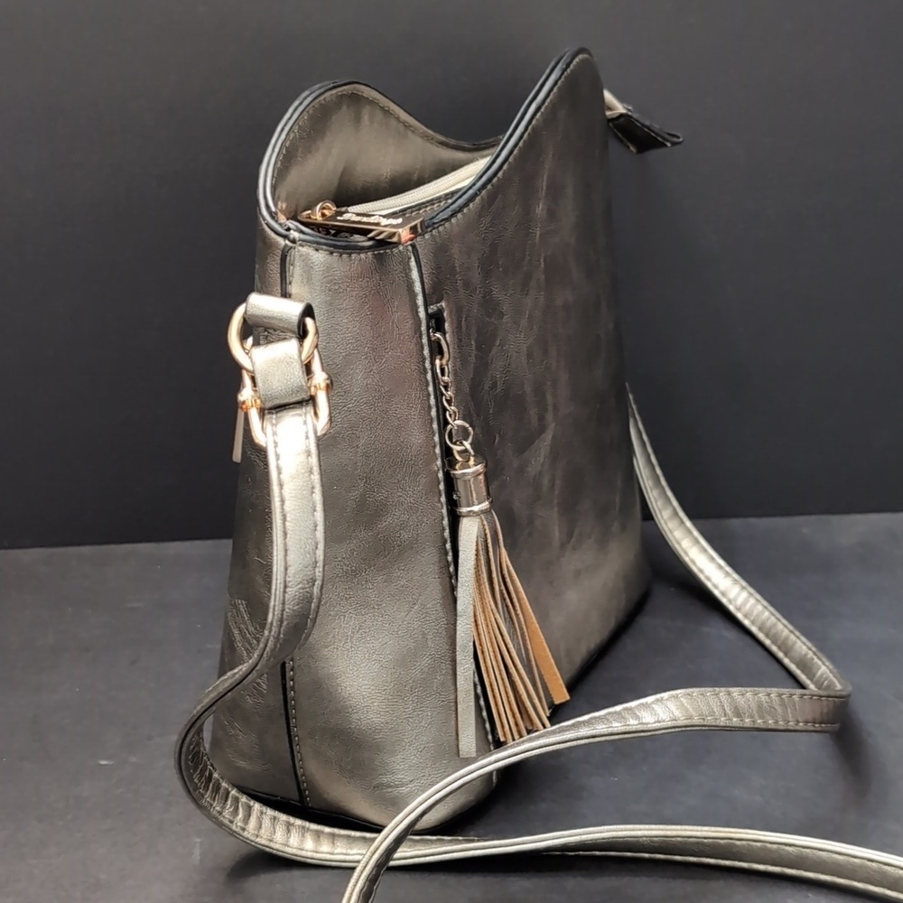 Darlings Metallic Gray Vegan Leather Small Hobo/Crossbody Bag. - Picture 2 of 12